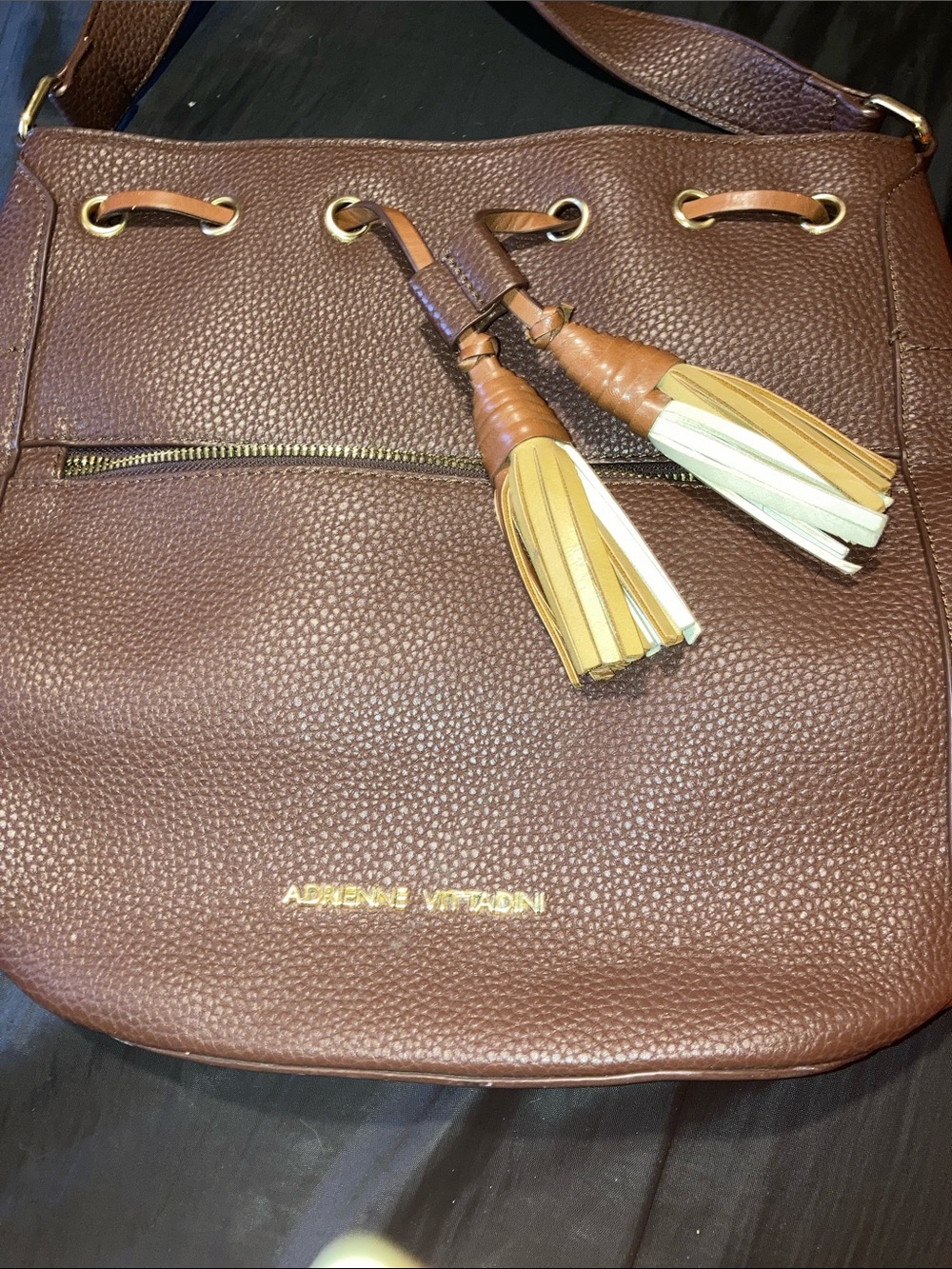 Adrienne Vittadini Brown Pebbled Leather Tassel Drawstring Hobo